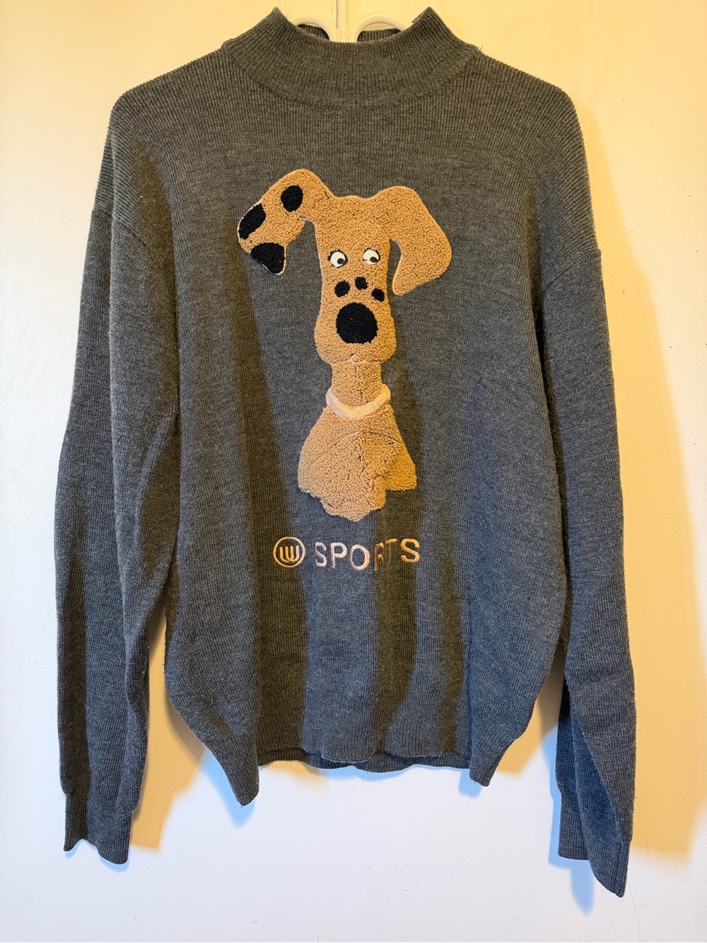 Mieko Uesako M.U. Sports Vintage Dog Knit Sweater Gray Mock Neck Pullover M-L